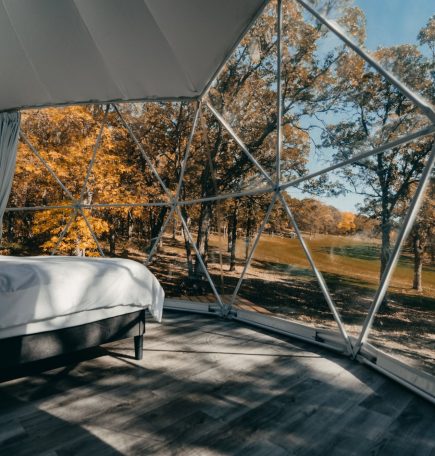 Looking out through the expansive windows from inside a geodesic dome cabin at Moonlit Canopies.