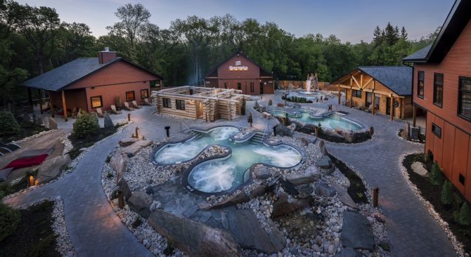Looking down at the thermal spas at Thermea in summer.